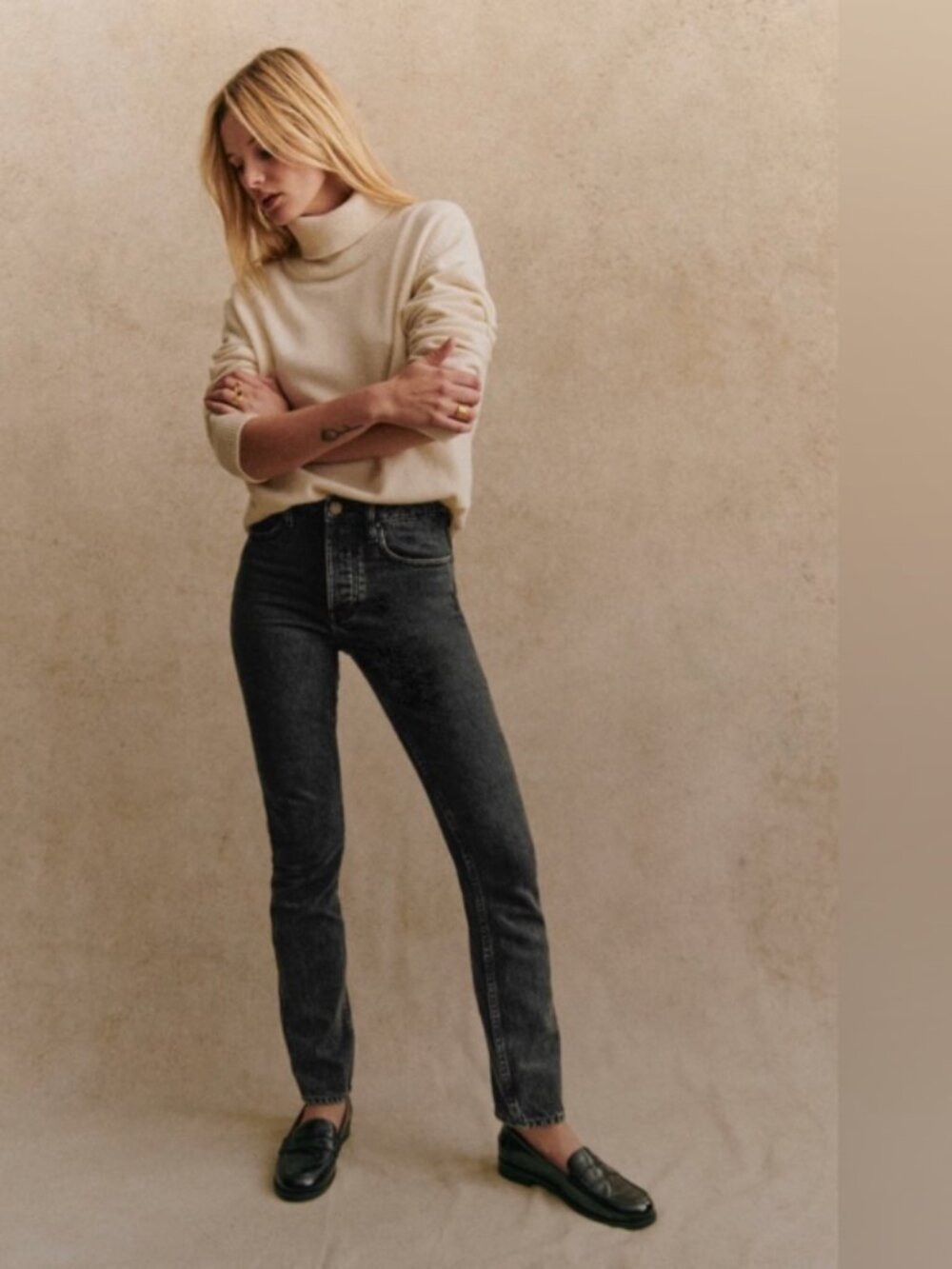 Sezane Brut Sexy Grey/Black Straight Leg Jeans High-Waisted Size EU 36
